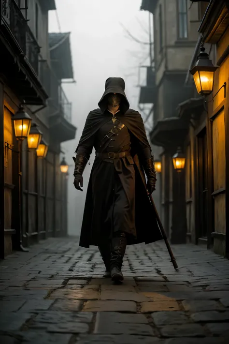 A mysterious plague doctor, adorned with a worn, leather-bound beaked mask, its long, curved beak proclaiming an air of foreboding, walks solitary through a mist-shrouded, cobblestone medieval street at night, its long, tattered black cloak billowing behin...