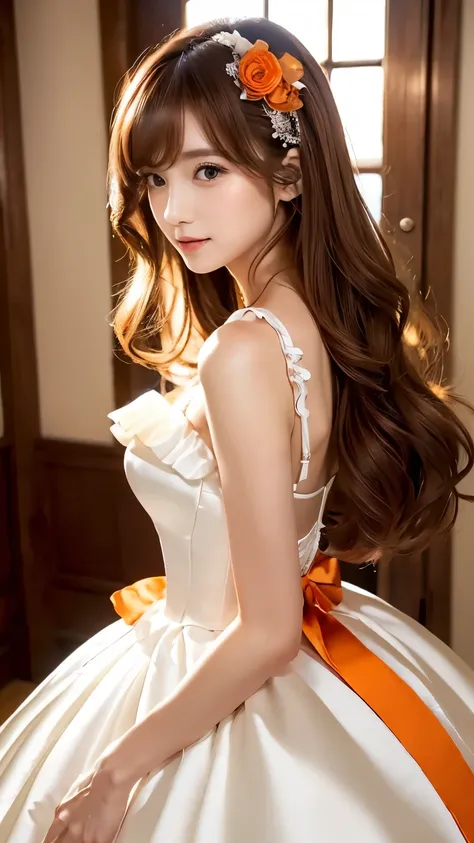 (((top quality))), (((masterpiece))), (((details))), perfect man turned woman, tall, looking at camera, face-to-face, girly empire length wedding dress with orange shiny silk satin ruffle, hands thrust forward, Japanese, brown hair,. Long hair Gorgeous roo...