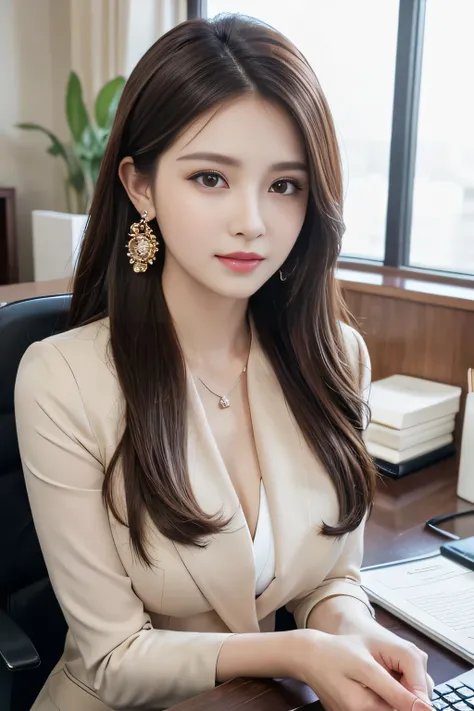 masterpiece、 best quality 、 real 、 very detailed on trends、 with finer details、High Resolution、8k wallpaper、1 beautiful woman、At the office、 Light Brown Disheveled Hair、 perfect dynamic configuration、 beautiful beautiful eyes、 Big Earrings 、 sitting on a c...