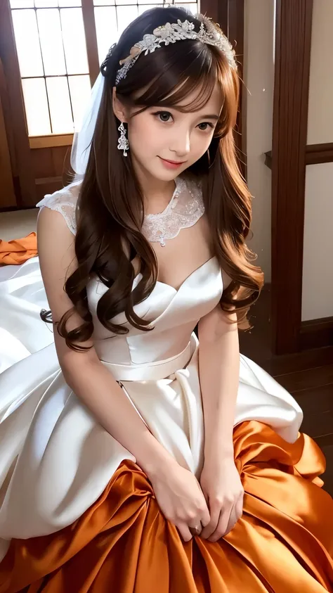 (((top quality))), (((masterpiece))), (((details))), perfect man turned woman, tall, looking at camera, face-to-face, girly empire length wedding dress with orange shiny silk satin ruffle, hands thrust forward, Japanese, brown hair,. Long hair Gorgeous roo...