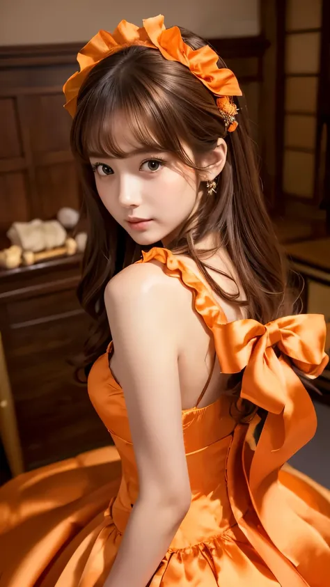 (((top quality))), (((masterpiece))), (((details))), perfect man turned woman, tall, looking at camera, face-to-face, girly empire length princess dress with orange silk satin ruffle, hands thrust forward, Japanese, brown hair,. Long hair Gorgeous room,. G...