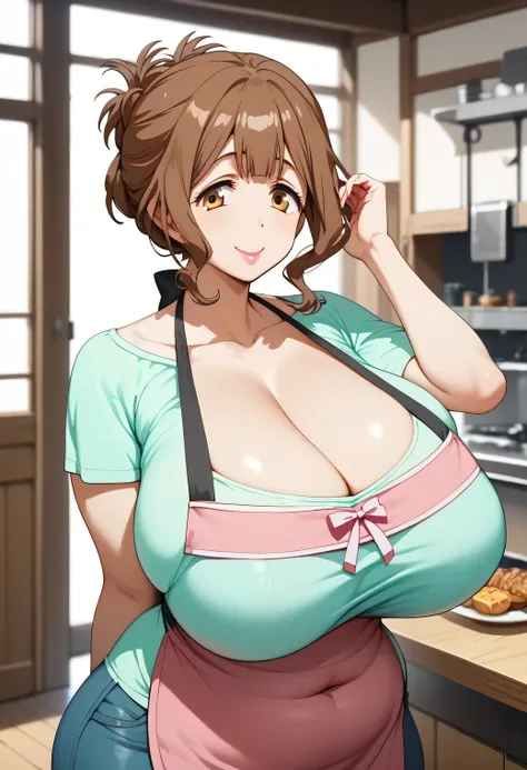 kazami torino,(gigantic breasts,wide hip,thick thighs,plump:1),mature female,brown hair,updo,lipstick,tareme,light green shirt,pink apron,brue jeans