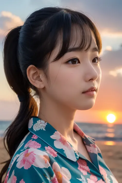 ((( Hawaii Sunset Beach )))、、(Please wear a floral Hawaiian shirt.。..:1.5)、(  natural skin texture,  hyperrealism, Soft light,  sharp), ( complicated details:0.9), ( NFSDW, hyperdetails:1.2), Soft light,  sharp,  Exposure Blend ,  mid-shot, Bokeh, ( NFSDW:...