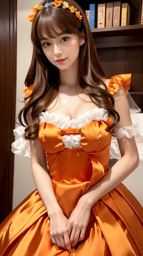 (((top quality))), (((masterpiece))), (((details))), perfect man turned woman, tall, looking at camera, face-to-face, girly empire length princess dress with orange silk satin ruffle, hands thrust forward, Japanese, brown hair,. Long hair Gorgeous room,. G...