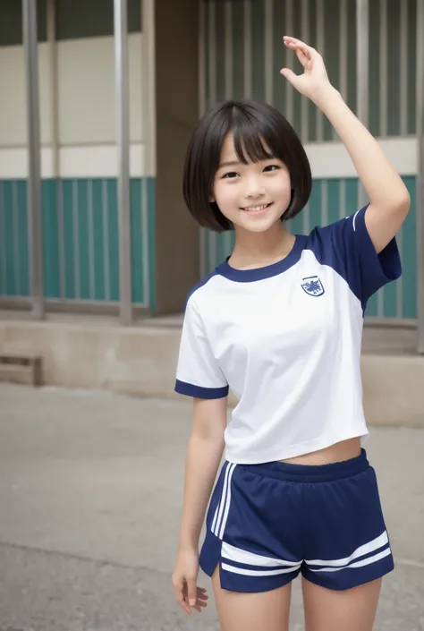  top quality 、 Female Elementary School Girls 、 cute、smile、Plain white t-shirt、Sportswear、School designated、 short hair、1 girl , alone,  facing the front、navy blue jersey shorts