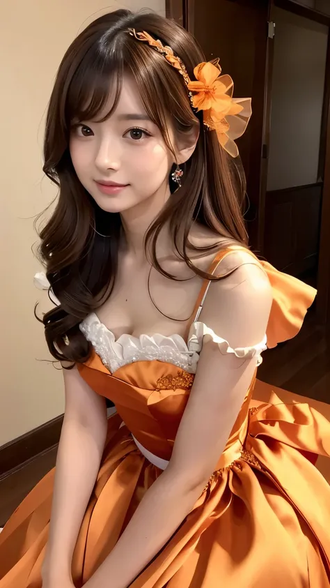 (((top quality))), (((masterpiece))), (((details))), perfect man turned woman, tall, looking at camera, face-to-face, girly empire length princess dress with orange silk satin ruffle, hands thrust forward, Japanese, brown hair,. Long hair Gorgeous room,. G...