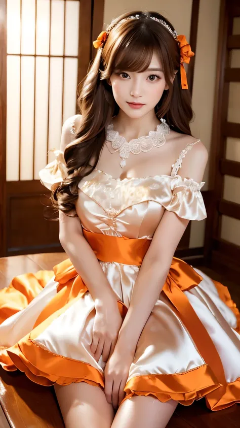 (((top quality))), (((masterpiece))), (((details))), perfect man turned woman, tall, looking at camera, face-to-face, girly empire length princess dress with orange silk satin ruffle, hands thrust forward, Japanese, brown hair,. Long hair Gorgeous room,. G...