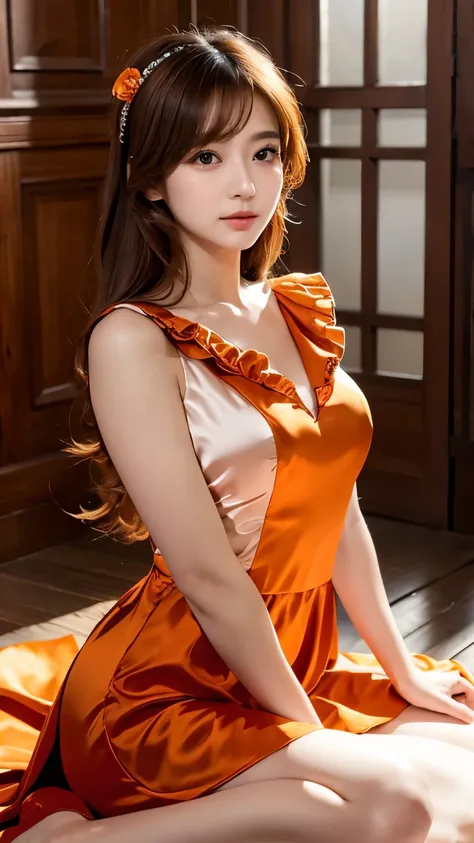 (((top quality))), (((masterpiece))), (((details))), perfect man turned woman, tall, looking at camera, face-to-face, girly empire length princess dress with orange silk satin ruffle, hands thrust forward, Japanese, brown hair,. Long hair Gorgeous room,. G...