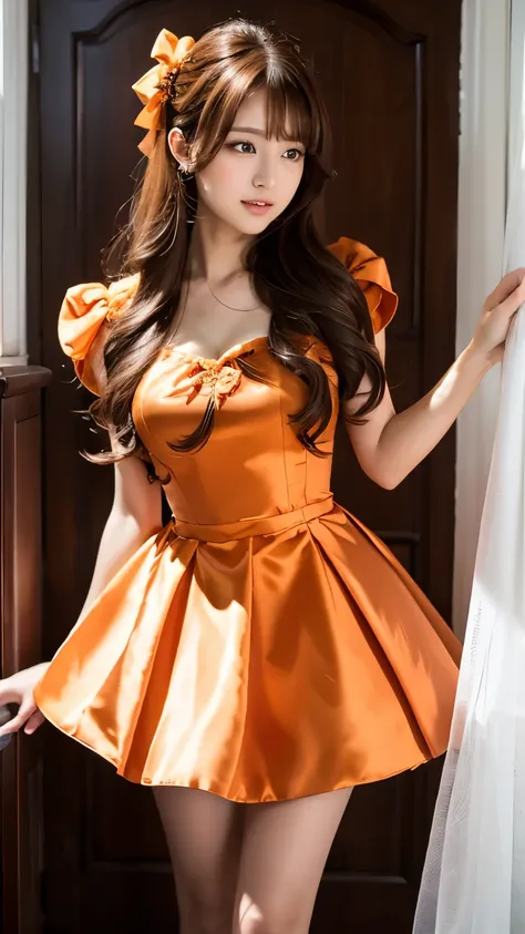 (((top quality))), (((masterpiece))), (((details))), perfect man turned woman, tall, looking at camera, face-to-face, girly empire length princess dress with orange silk satin ruffle, hands thrust forward, Japanese, brown hair,. Long hair Gorgeous room,. G...