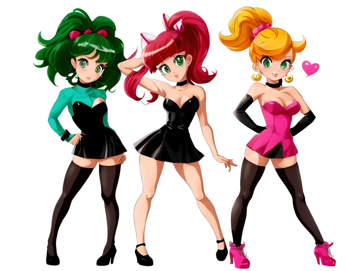 powerpuff girls trio, chibi characters, cartoon style, anime women, sexy clothing