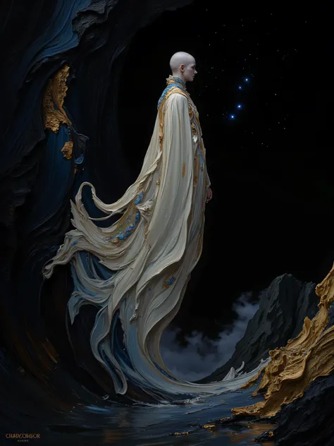 Full body of a faceless entity based theme on a cliff suspended in space, floating spread parts of the robe factory on a cliff, completely black empty sky, universe, white long robe spread with blue and golden ornaments, fill the blank space and make a stu...