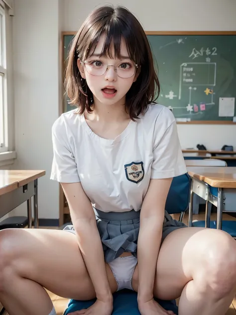 In the classroom、 top quality ,   masterpieces  ,  ultra high resolution,  very detailed depiction、( Bright Lights、 by Nomi、 photorealistic、Original photo:1.2),  vivid colors 、 perfect anatomy、 one girl,  matured、 is super cute、 short hair、(JK uniform,  hi...