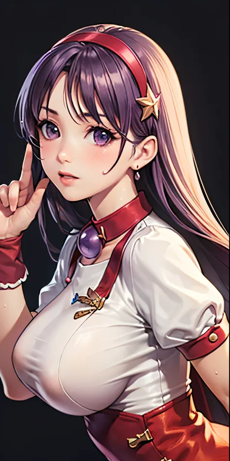  1 female, high definition, High resolution,  ultra-realistic  ,8K,AA1 ,  purple hair,  long hair, diadema,  long hair, collar, (Pussy),(pubic hair),  pending,  red dress,  short, bulging sleeves, white sleeves, wristband, tight dress,European, Pictured fr...