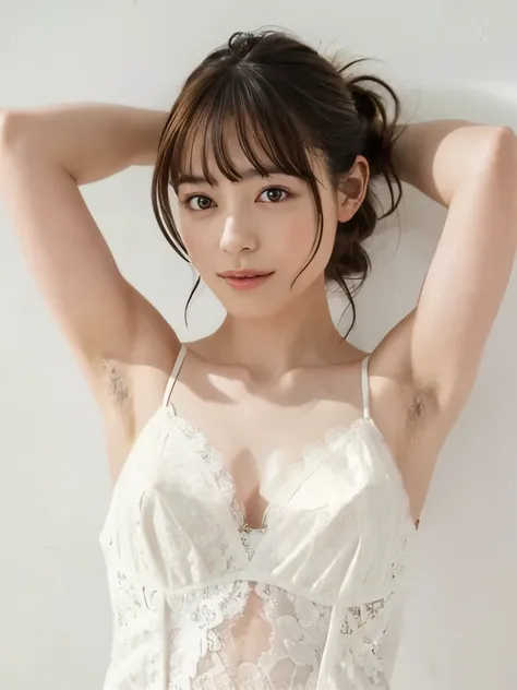 1girl, (Japanese girl, hands behind head, hairy armpit exposed), ((white camisole dress, lace decorate)), slender body, cleavage, large breasts, (hairy armpits:1.4, armpit hair:1.4), pale skin:1.2, bangs, white wall, studio lighting, looking at viewer, Rea...