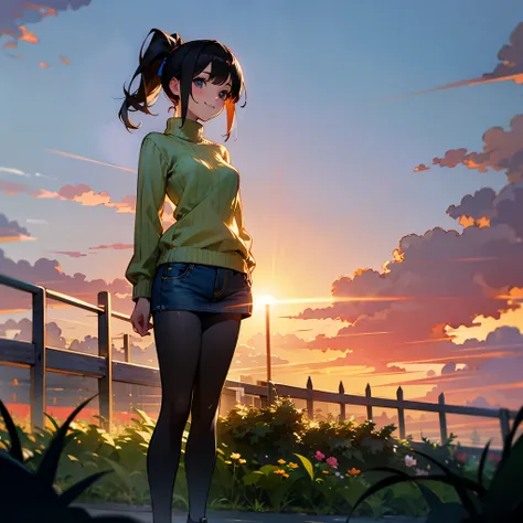 ( high quality,  Hi-Res, Very detailed, reality:1.37), Peaceful atmosphere, (Outdoors, garden),  teenage girl standing alone, (My breasts are small.), Beautiful details,  cute smile, ( dark haired ponytail ), Ribbed sweater,  denim skirt,  black tights,  s...