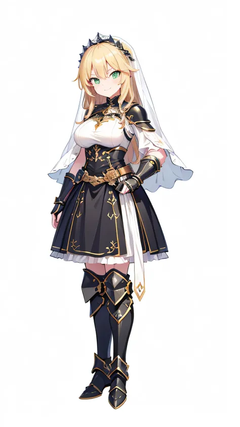 Masterpiece, top quality,(((( Solid White Background , no background)))), facing sideways , ((1 human tall woman,adult,full body,)),((Big Breasts)),((Wavy waist-length blond hair,)),(( detailed green eyes,)), ((black magic warrior armor ,black breastplat...