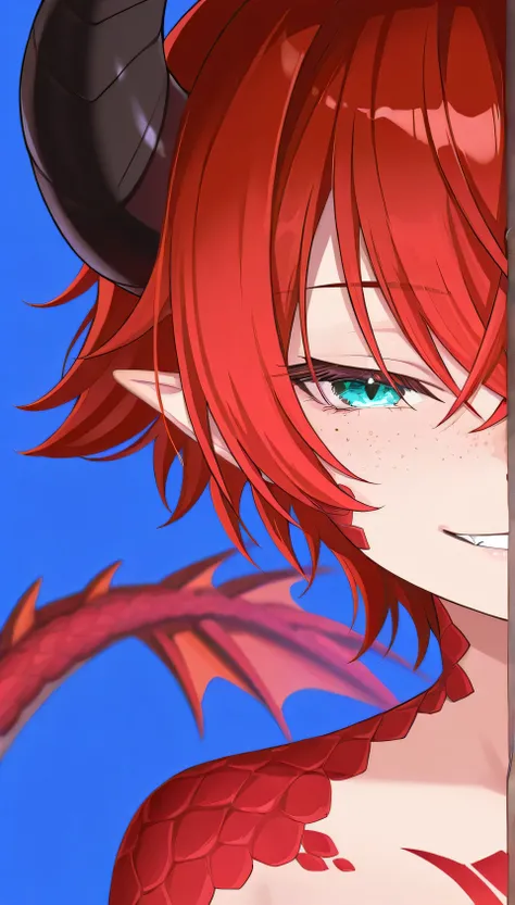 score_9,score_8_up,score_7_up,score_6_up, source_anime, BREAK, solo, solo focus, 1girl, dragon girl, neon colors, shining colors, dragon girl, tail, pointy ears, horns, shining eyes, close up, evil smile, half closed eyes, scales on body, red hair, cyan ey...