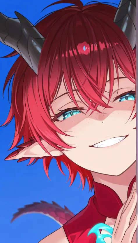 score_9,score_8_up,score_7_up,score_6_up, source_anime, BREAK, solo, solo focus, 1girl, dragon girl, neon colors, shining colors, dragon girl, tail, pointy ears, horns, shining eyes, close up, evil smile, half closed eyes, scales on body, red hair, cyan ey...