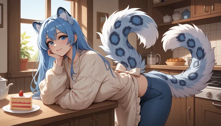 (Masterpiece) (High Detail) (High Res) A short curvy slim Humanoid Snow Leopard Female with pale skin and bright blue eyes and long navy blue hair and fluffy navy blue snow leopard ears and a big fluffy navy blue snow leopard tail and average breasts. She ...