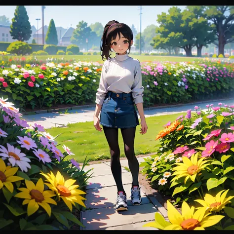 ( high quality,  Hi-Res, Very detailed, reality:1.37), Peaceful atmosphere, (Outdoors, garden),  age girl standing alone, (My breasts are small.), Beautiful details,  cute smile, ( dark haired ponytail ), Ribbed sweater,  denim skirt,  black tights,  sneak...