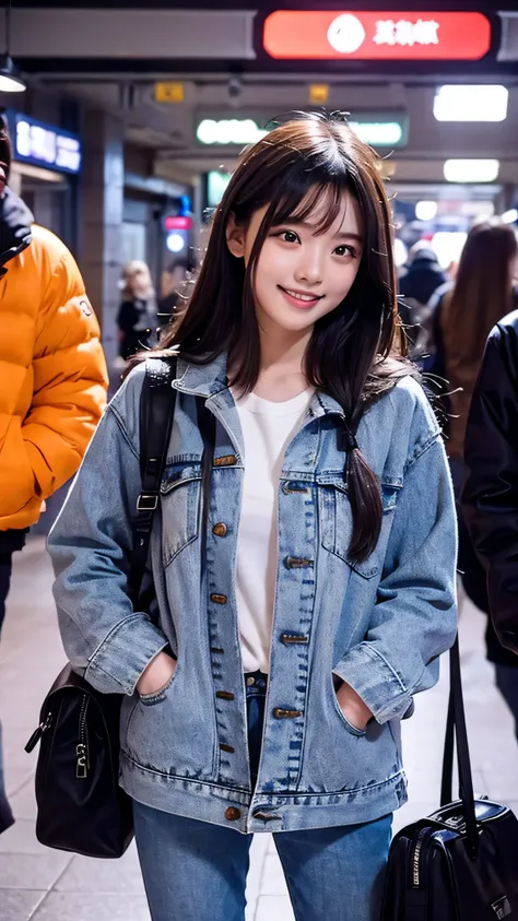 in high definition、 closeup of a woman 。 long hair wearing an orange down jacket outfit and denim pants, Face Details , 1 Full body high quality image 19 year old girl , Chen Xintong, Korean girl , Ulzzang, standing,Smiling and looking at camera、 youn...