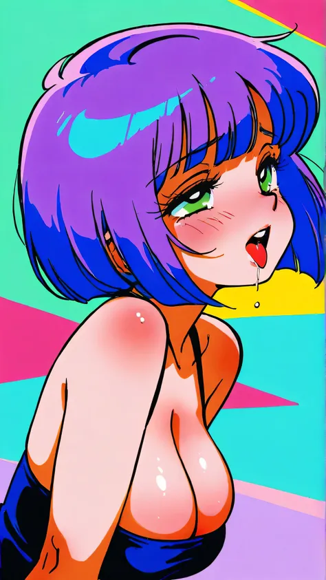 master piece:1.5、(minimal art, line drawing), city pop style, big green eyes, ahegao, vibrant,  high contrast, asian girl, colorful hair,  bob cut,  1980s Style , Retro,  vintage, Plain background, best quality, Highly detailed, Amazing work，Vitreous luste...