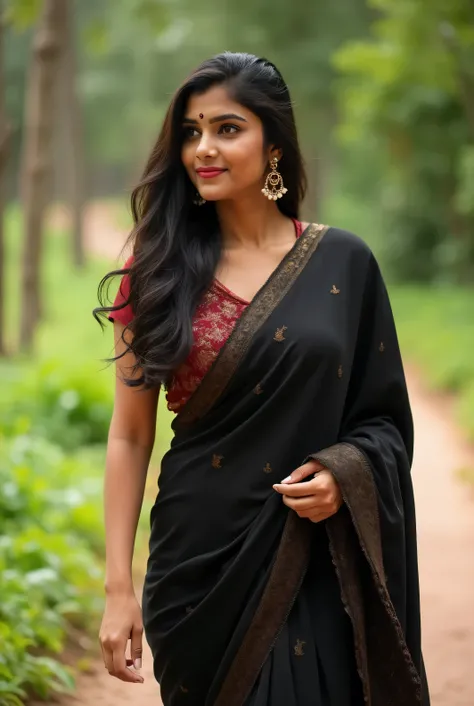 A beautiful indian tamil woman 2 , walking on beautiful place, black hair , light brown eyes , looking towards the audience ,  wearing black saree and red high hills , with red lipstick, wearing saree, Masterpiece, Breasts, Happy, Multiple Views, 