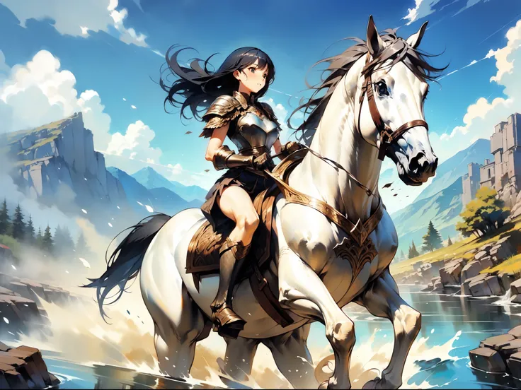 (masterpiece:1.3), (8K, best quality:1.3), Highest image quality, intricate details, high resolution, depth field, Natural light, professional lighting, 
BREAK, 
riding, horse, (((a young woman wearing in adventurer clothes watching a blue sky while horse ...