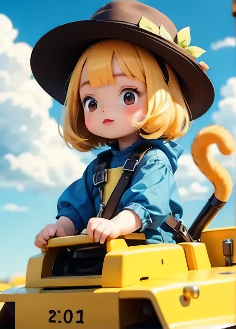 cute comic, 1 magica holding weapon, motor vehicle, tank, cat, hat, yellow, bangs, no nose, blush, cloud, sky