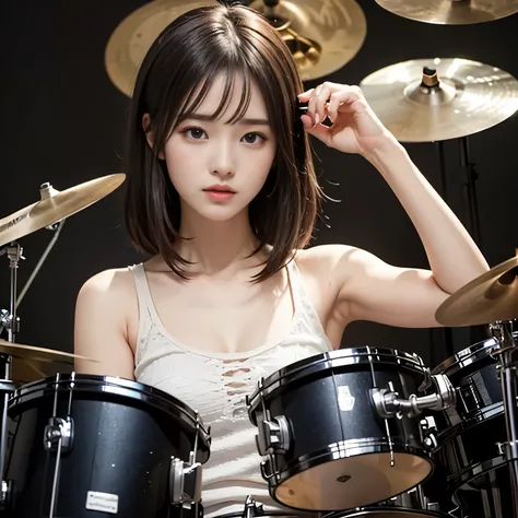 (( 1 woman :1. 4))、((solo))、((Full body portrait))、 cute、23 years old、 beautiful face、 well-groomed face、 tank top、(((Drum set)))、(((drummer、Hit the drums to get the rhythm)))、sweat、illumination、sit、lightly curled hair、 disheveled hair、 black lace、 muscula...