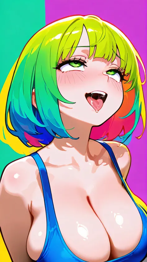 master piece:1.5、big green eyes, ahegao, vibrant,  high contrast, asian girl, colorful hair,  bob cut,  Plain background, best quality, Highly detailed, Amazing work，Vitreous luster, blues, purples, pinks, Best quality at best，shiny skin, no background, co...