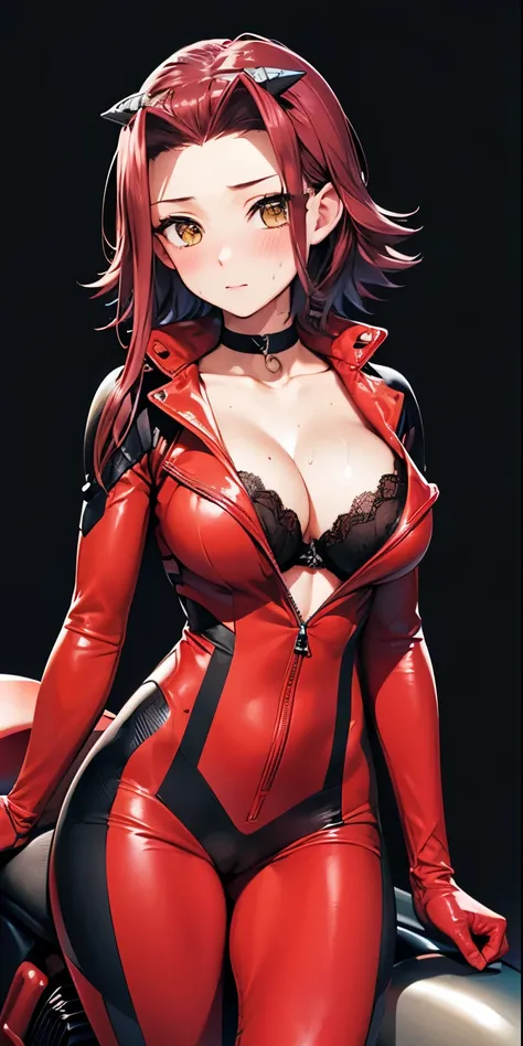 1 Female,High definition,high resolution,Ultra-realistic,8K,aki1, izayoi aki, solo, cleavage, bikesuit, red bodysuit, choker, unzipping, open bodysuit, gloves, yellow eyes,standing, solo,  standing, masterpiece, best quality, detailed face, detailed eyes, ...