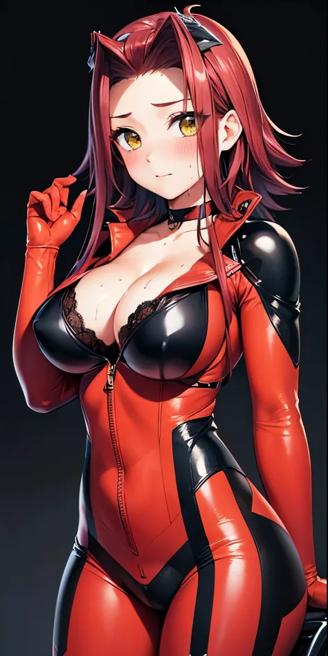 1 Female,High definition,high resolution,Ultra-realistic,8K,aki1, izayoi aki, solo, cleavage, bikesuit, red bodysuit, choker, unzipping, open bodysuit, gloves, yellow eyes,standing, solo,  standing, masterpiece, best quality, detailed face, detailed eyes, ...