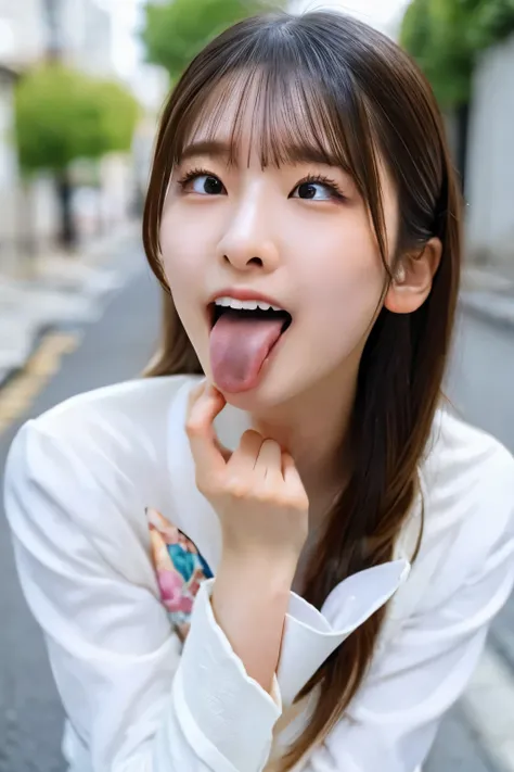 one woman, Korean idol, (She opens her mouth wide:1.6), she looks up at the sky, (POV:1.2), composition looking down on her, Composition of the camera shooting from above, On the bustling street , Close-up of face , masterpiece, highres, high-resolution, 8...