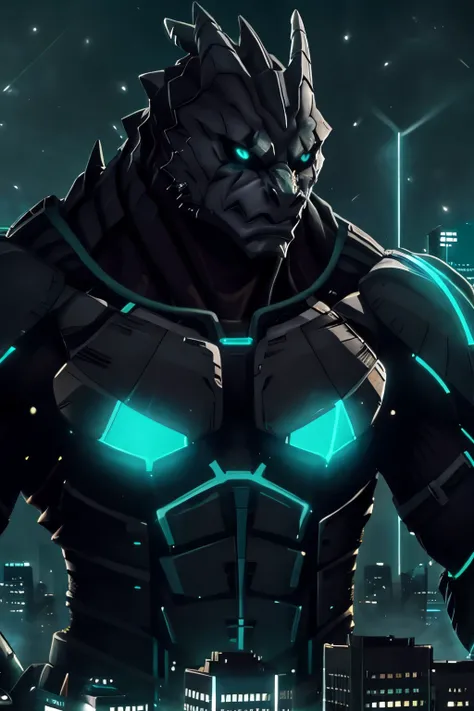 score_9,score_8_up,score_7_up, source_anime, city, night, macro, kafkakaiju, glowing, glowing eyes, armor, aqua eyes, muscular male, neon trim, black sclera, kaiju no.8