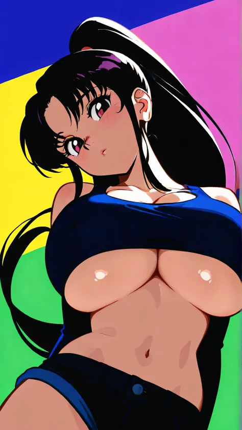 master piece:1.5、(minimal art, line drawing), 1girl,solo，Blue Background，huge breasts, crop top, short shorts, underboob, High Ponytail，Unbelievably long hair，cowboy shot , looking at viewer，Simple style，wide angle, Dynamic Angle，(bangs_pinned_back:1.5),(h...