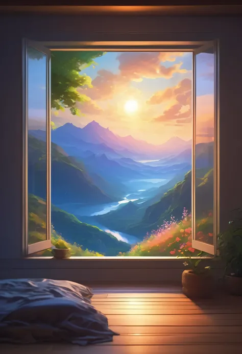 there is a window with a view of a beautiful landscape, a digital painting by sylvain sarrailh, pixiv contest winner, magical realism, anime beautiful peace scene, anime background art, beautiful anime scenery, beautiful anime scene, dreamy landscape, anim...