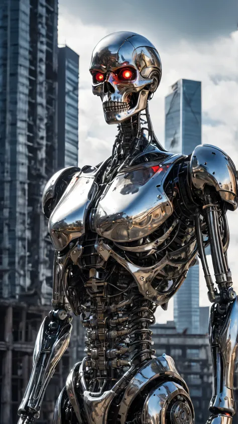 "A futuristic, menacing android stands in the middle of a ruined city. Its metallic body is highly polished, with a skeletal structure made of chrome alloy that gleams under the dim light of a cloudy sky. Its face, inspired by a human skull, has a sinister...