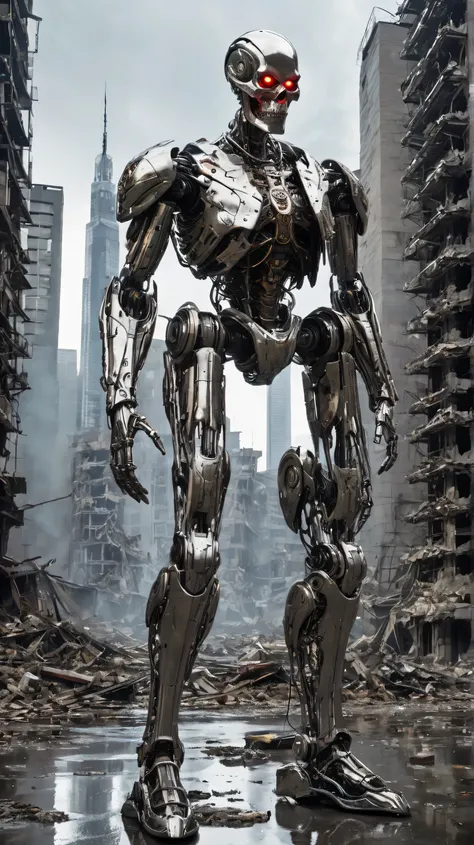 "A futuristic, menacing android stands in the middle of a ruined city. Its metallic body is highly polished, with a skeletal structure made of chrome alloy that gleams under the dim light of a cloudy sky. Its face, inspired by a human skull, has a sinister...