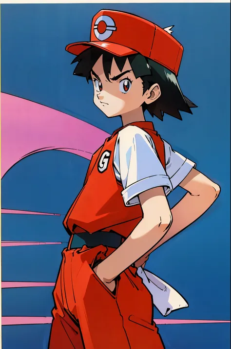 by Ken Sugimori, sugimori 1990s, ((only 1boy)), young girl, no breasts, not sexualized, pokemon trainer outfit, red hat, red vest, scowling, competitive, ((hands behind their back)), full black pupils, manga, best quality, highly detailed, clean lines, cow...