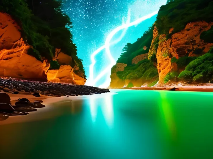 a brightly colored beach with waves and a starr sky, magical beach, glowing colors, makes the sea area glowing water, colorful glow, vivid glowing colors, glow wave, beautiful vibrant colors, beautiful colorful lights, colorful hd picure, beautiful colorfu...