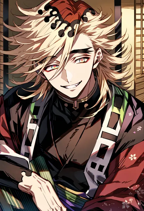 highres, ultra detailed, 1male, solo, Douma, demon slayer, Blond hair, Rainbow eyes, Doma, japanese room, handsome, smiling, happy