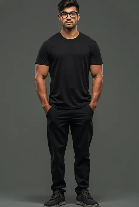 Create a men , 18 years old , straight Position , black pant black shirt and black shoes , without mouth , and short hair . Hair color is black , Eye color is brown , wearing eye glasses and looking good gym boy