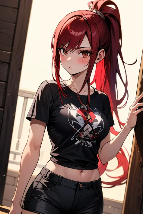 absurdres, highres, ultra detailed, young adult, Erza scarlet ,blush , solo, brown eyes, brown t-shirt, black shorts, medium chest, looking at viewer, ponytail hairstyle. 