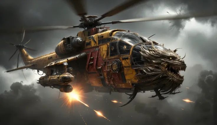 Chinese dirty yellow helicopter with red elements. He fires burning rockets. The cabin is decorated with an iron sculpture of a dragon's face.. He's flying in the sky. It's raining at night.