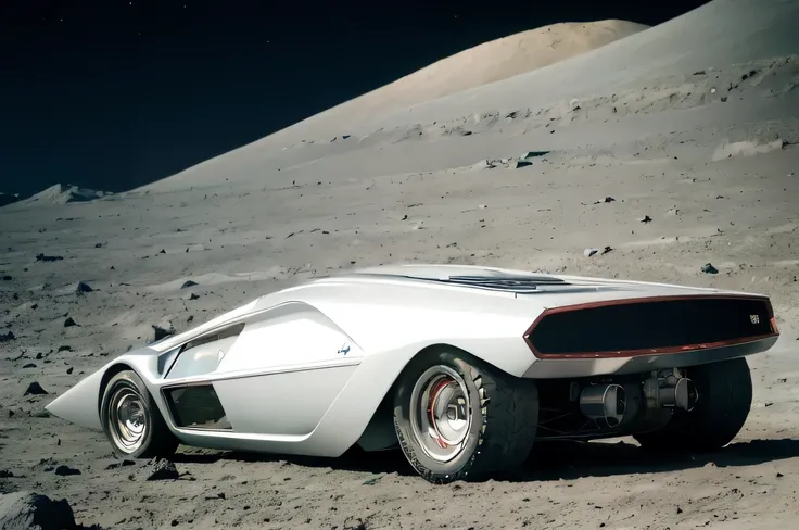   racing scene on the lunar surface {x} analog gloomy picture of a silver Lancia Stratos Zero car,  racing scene on the lunar surface on the lunar surface  ,  future, (( cyberpunk)),  high detail,  sharp concentration, (( photorealism)),  by Nomi,  top qua...