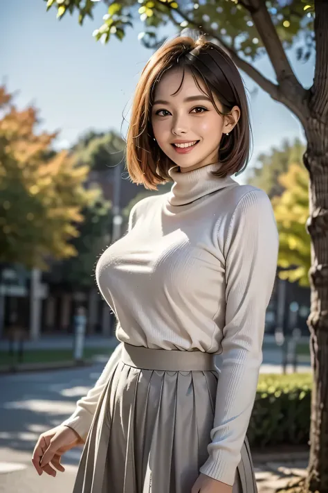 ((1. The Ultimate Beautiful Woman)),  mature,  beautiful face,   brown eyes ,  detailed lips ,   under the blue sky,  double eyelids,  long eyelashes, ((Big Breasts)), grin,   seductive gaze  , Bob Hair , (pink turtleneck sweater, light brown short pleated...