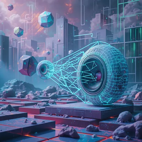 Create a surreal scene with floating geometric shapes and digital grids that suggest a fusion of sound and technology.
' Use a mix of soft, dreamy colors like purples and turquoises contrasted with bright neon elements to depict a futuristic soundscape.
' ...