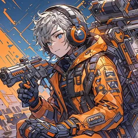  1 ager 、 handsome face 、 super detailed eyes、 shortcuts、 top quality、 Masterpiece、 Official Art、8k,cowboy shot、Picture facing the viewer 、 gray hair、 orange highlights on blue base、 fluorescent orange headphones 、 cyberpunk、Space Suit、 laser gun on the ba...