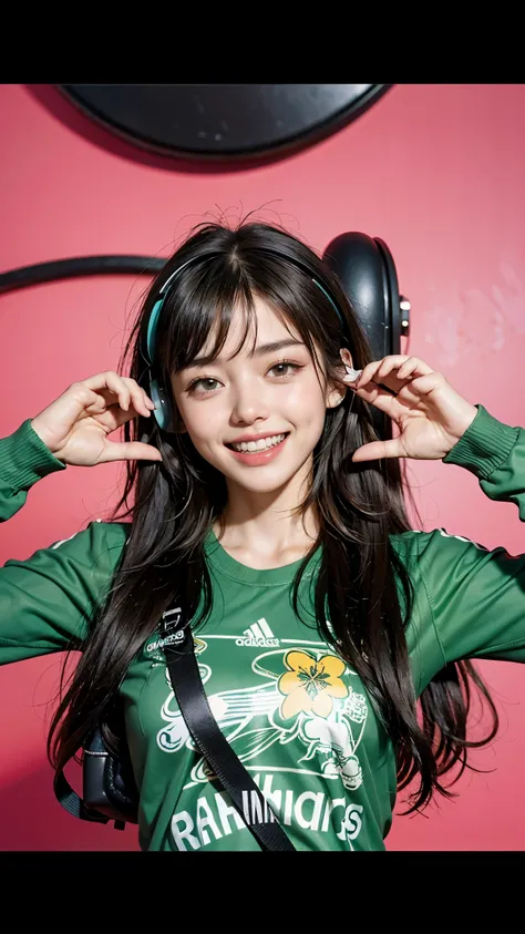   's greatest masterpiece,looks like an adult,  Rock 'n' Roll , headphone cap, black hair short bob 、adidas green jersey ,(( teeth and smile:1,4)), ,4K Hi-Def  